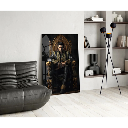 Elvis Presley black-and-gold throne glass wall art portrait