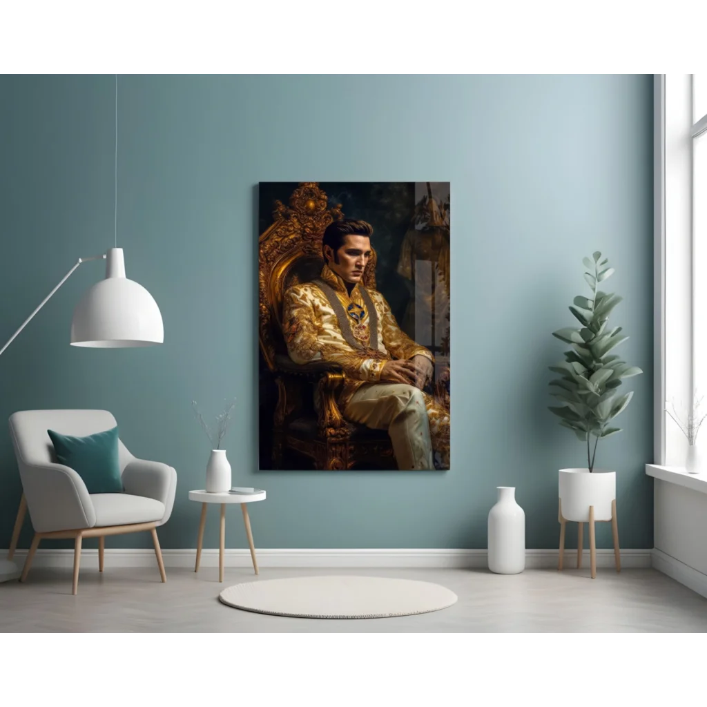 Elvis Golden Throne Glass Wall Art Portrait | Modern Wall Art Decor | vintageantiquesgifts.com