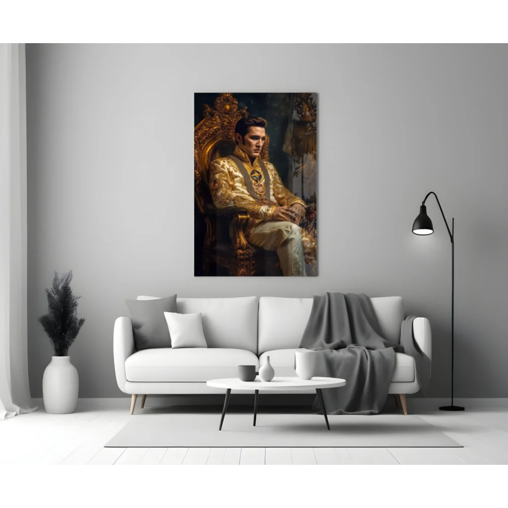 Elvis Golden Throne Glass Wall Art Portrait | Glass Wall Art Print | vintageantiquesgifts.com