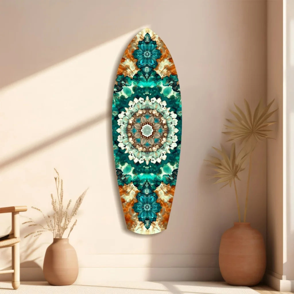 Teal white gold mandala on surfboard tempered glass art for walls