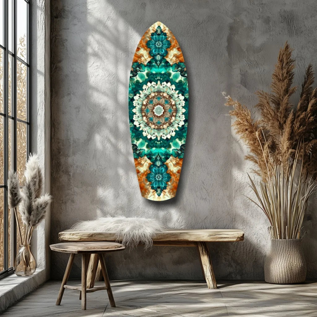 Surfboard mandala tempered glass art in teal, turquoise, orange floral design