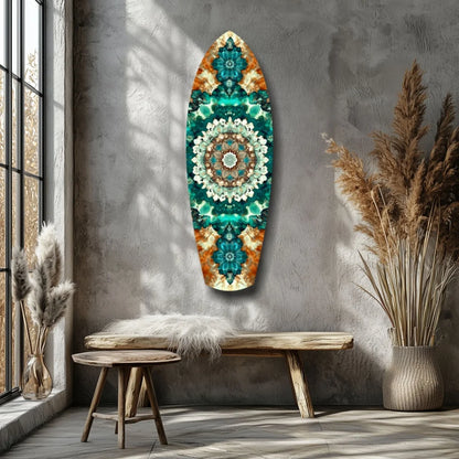 Surfboard mandala tempered glass art in teal, turquoise, orange floral design