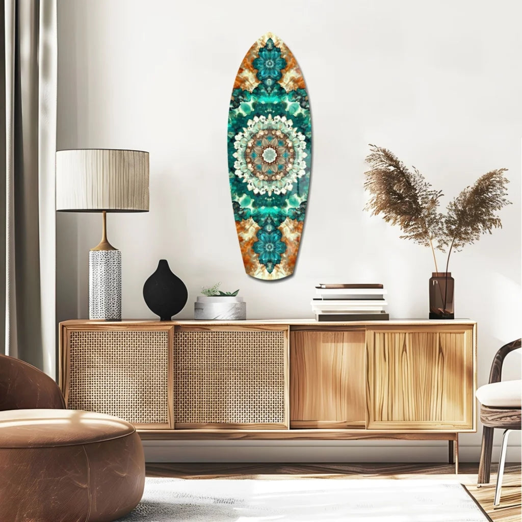 Surfboard Mandala Tempered Glass Art for Your Wall | Glass Wall Art Print | vintageantiquesgifts.com