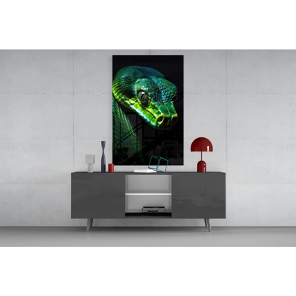Vibrant green python glass wall art on gray console