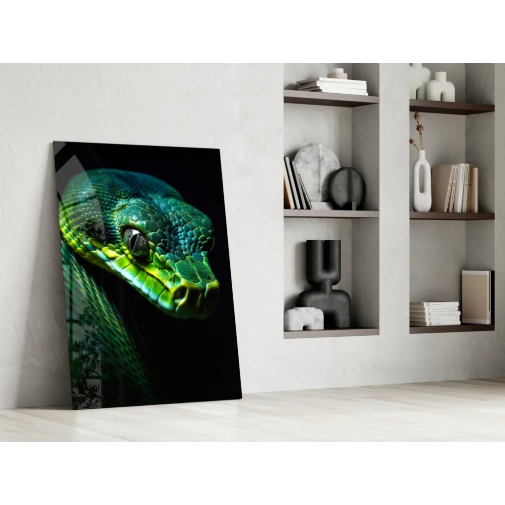 Vibrant green python glass wall art portrait on canvas against white wall