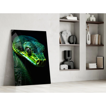 Vibrant green python glass wall art portrait on canvas against white wall