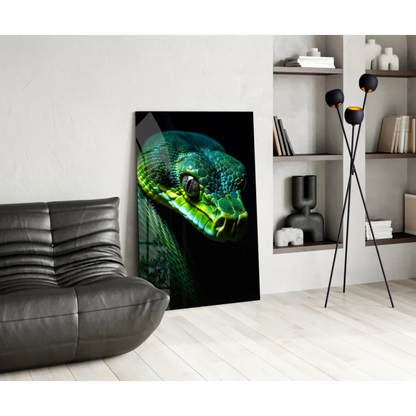 Stunning green python glass wall art portrait on black background