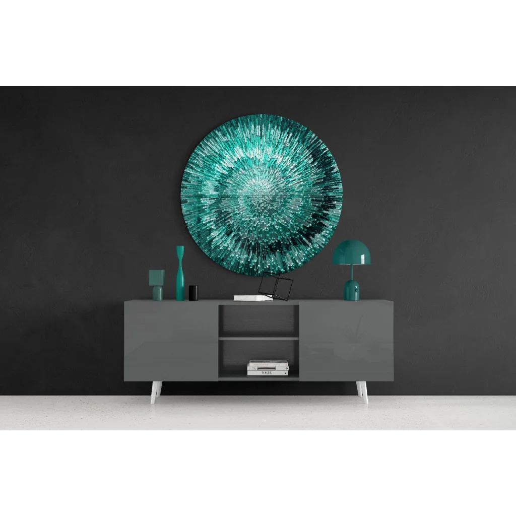 Radiant Teal Starburst tempered glass art on wall