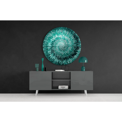 Radiant Teal Starburst tempered glass art on wall