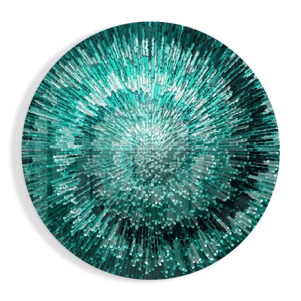 Radiant Teal Starburst tempered glass art with circular teal and silver metallic design