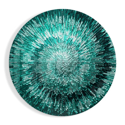Radiant Teal Starburst tempered glass art with circular teal and silver metallic design
