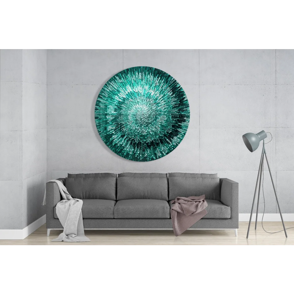 Radiant Teal Starburst tempered glass art with starburst design