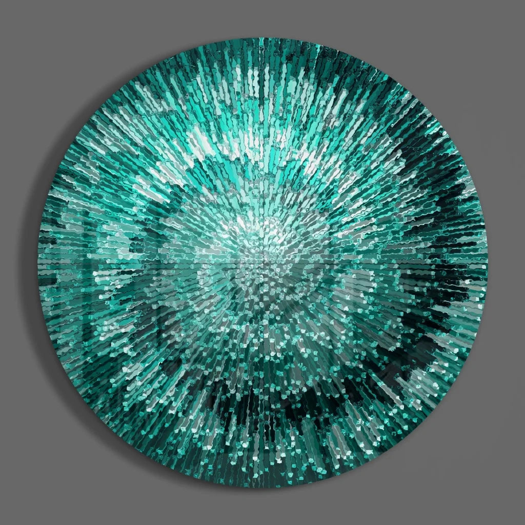 Radiant Teal Starburst tempered glass art with radial burst pattern