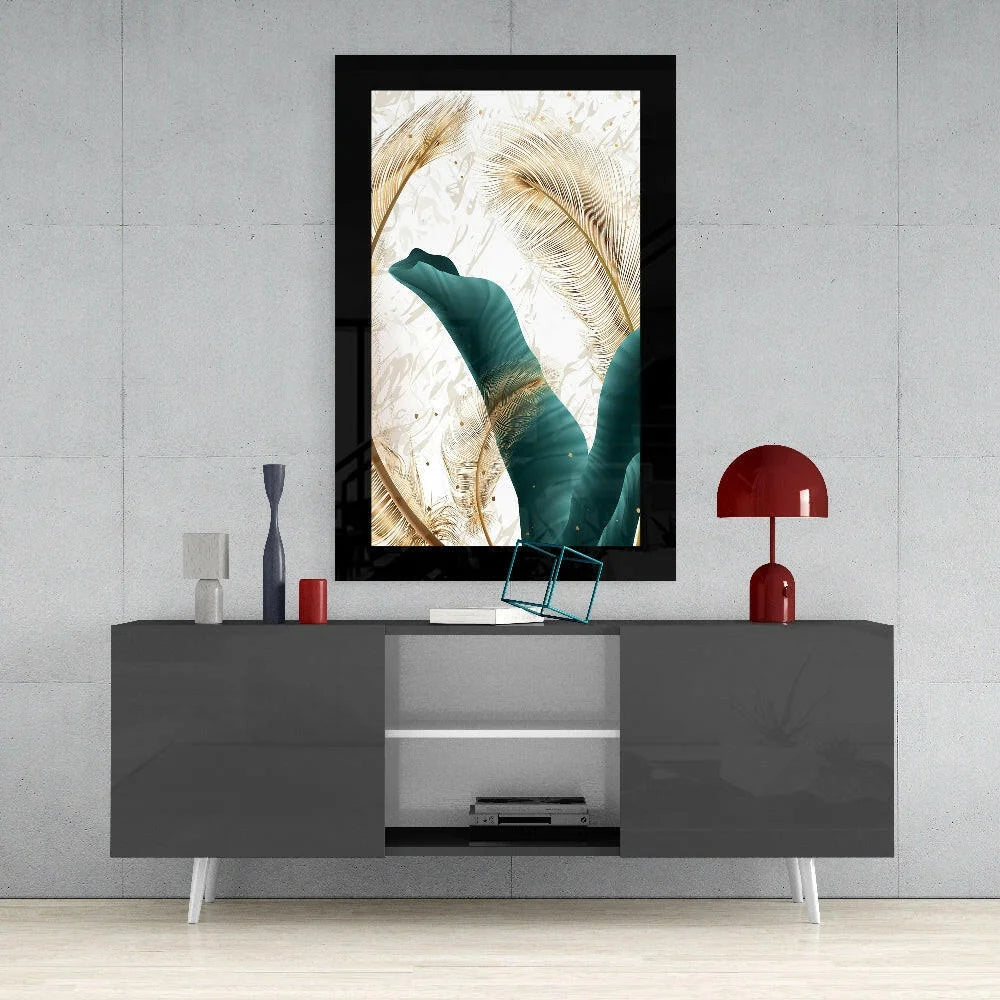 Teal and Gold Feather Glass Wall Art with Glossy Finish | Contemporary Home Wall Art | vintageantiquesgifts.com