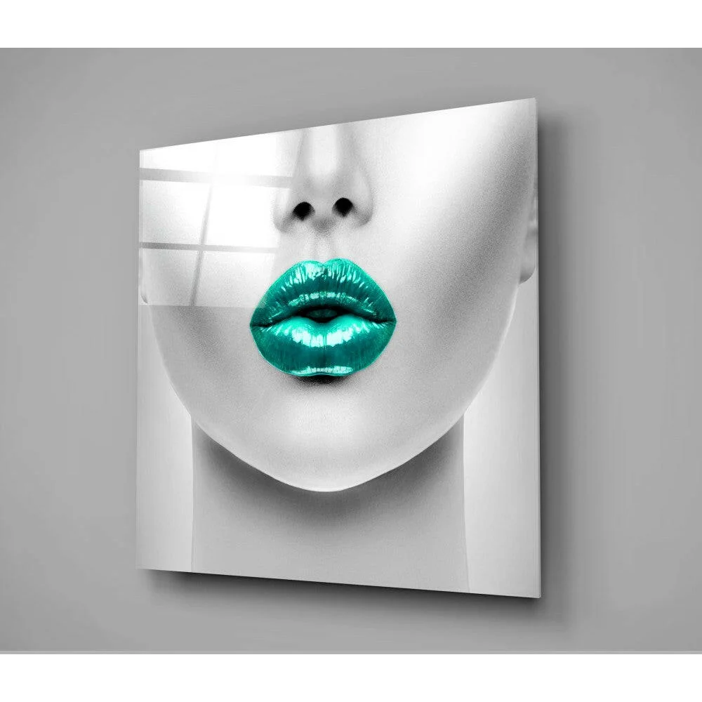 Vibrant teal metallic lips on monochrome face glass wall art print