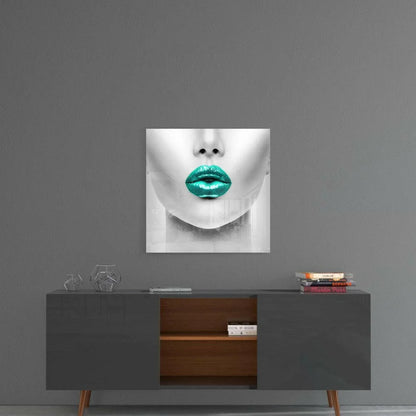 Teal lips glass wall art print on striking monochrome face