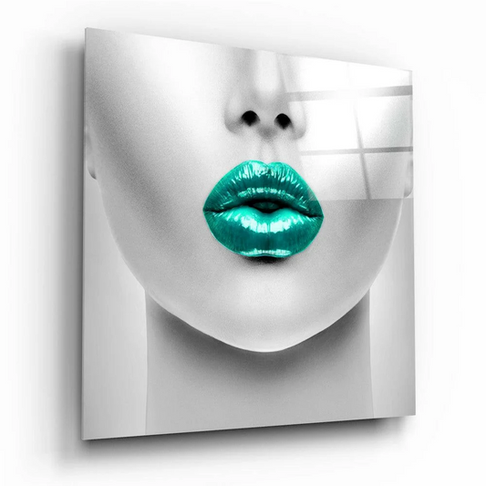 Glossy teal lips close-up on monochrome face glass wall art print
