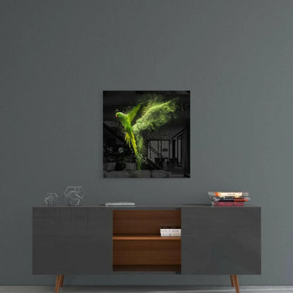 Vibrant emerald parrot glass wall art in flight with golden accents