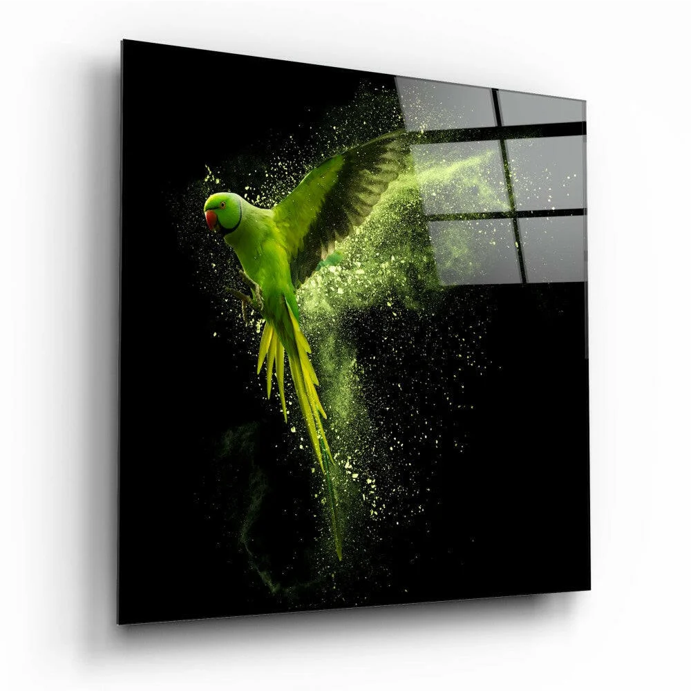 Vibrant emerald parrot in flight on black glass wall art with golden accents