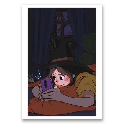 Emily Hampshire limited edition graphic novel set with witch looking at her phone in bed