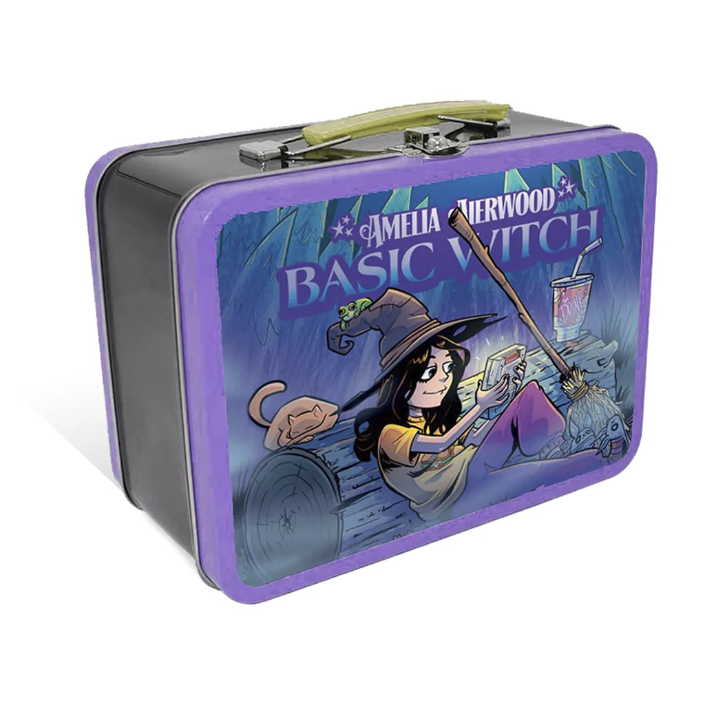 Purple and black metal lunchbox with witch graphic from Emily Hampshire limited edition set