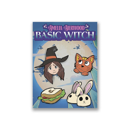 Emily Hampshire limited edition enamel pins with a witch, cat, sandwich, and bunnies