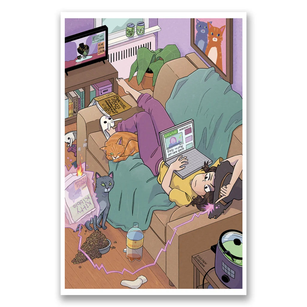 Emily Hampshire cozy chill with cats on couch, ames liu art prints in the bundle