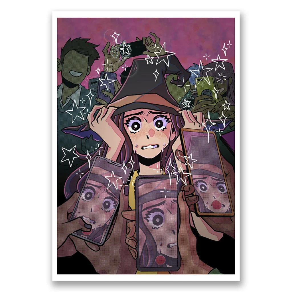Emily Hampshire distressed witch illustration with people recording on phones for art prints