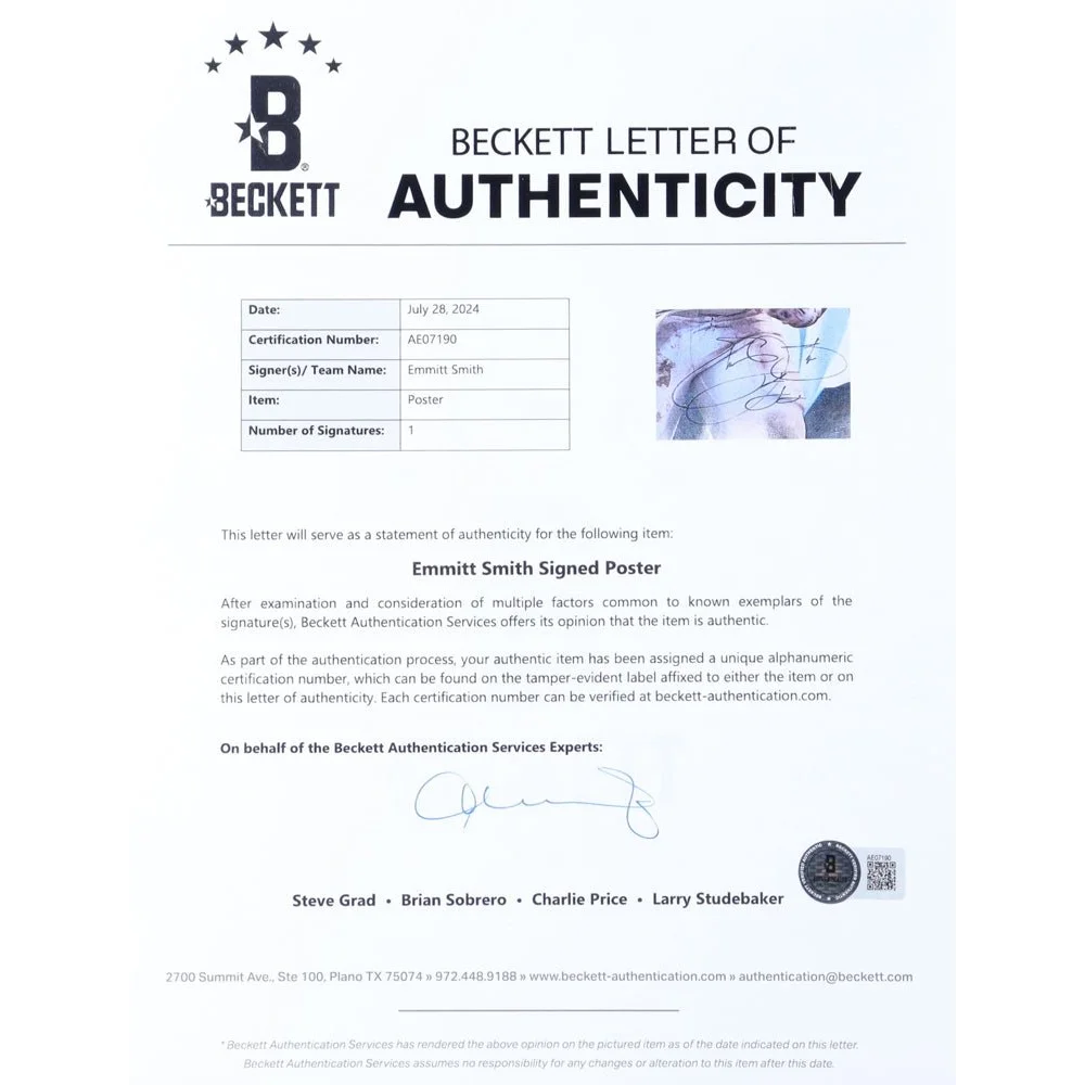 Beckett Letter of Authenticity for Emmitt Smith signed Dallas Cowboys poster