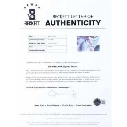 Beckett Letter of Authenticity for Emmitt Smith signed Dallas Cowboys poster