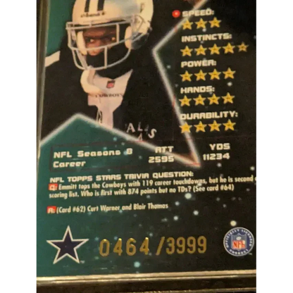 Emmitt Smith Topps Stars Insert football trading card with action shot and stats