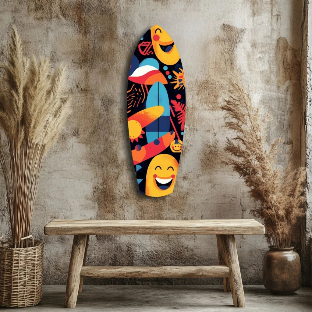 Vibrant emoji surfboard tempered glass art for walls with size comparison