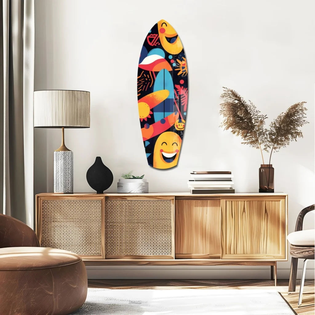 Vibrant emoji surfboard tempered glass art for walls