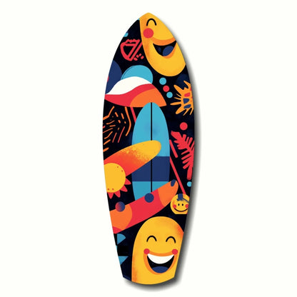Vibrant emoji surfboard tempered glass art plaque with tropical motifs