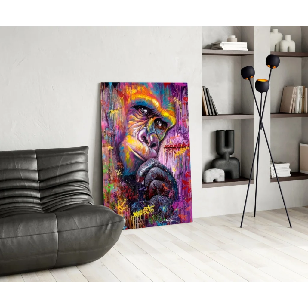 Vibrant abstract gorilla graffiti splash canvas wall art in purple orange yellow