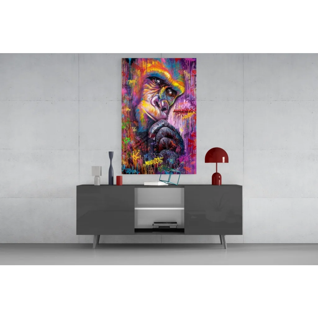 Vibrant abstract Gorilla Graffiti Splash canvas wall art with bold orange, purple, yellow paint