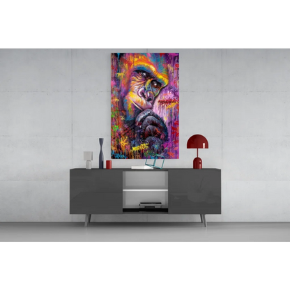 Vibrant abstract Gorilla Graffiti Splash canvas wall art with bold orange, purple, yellow paint