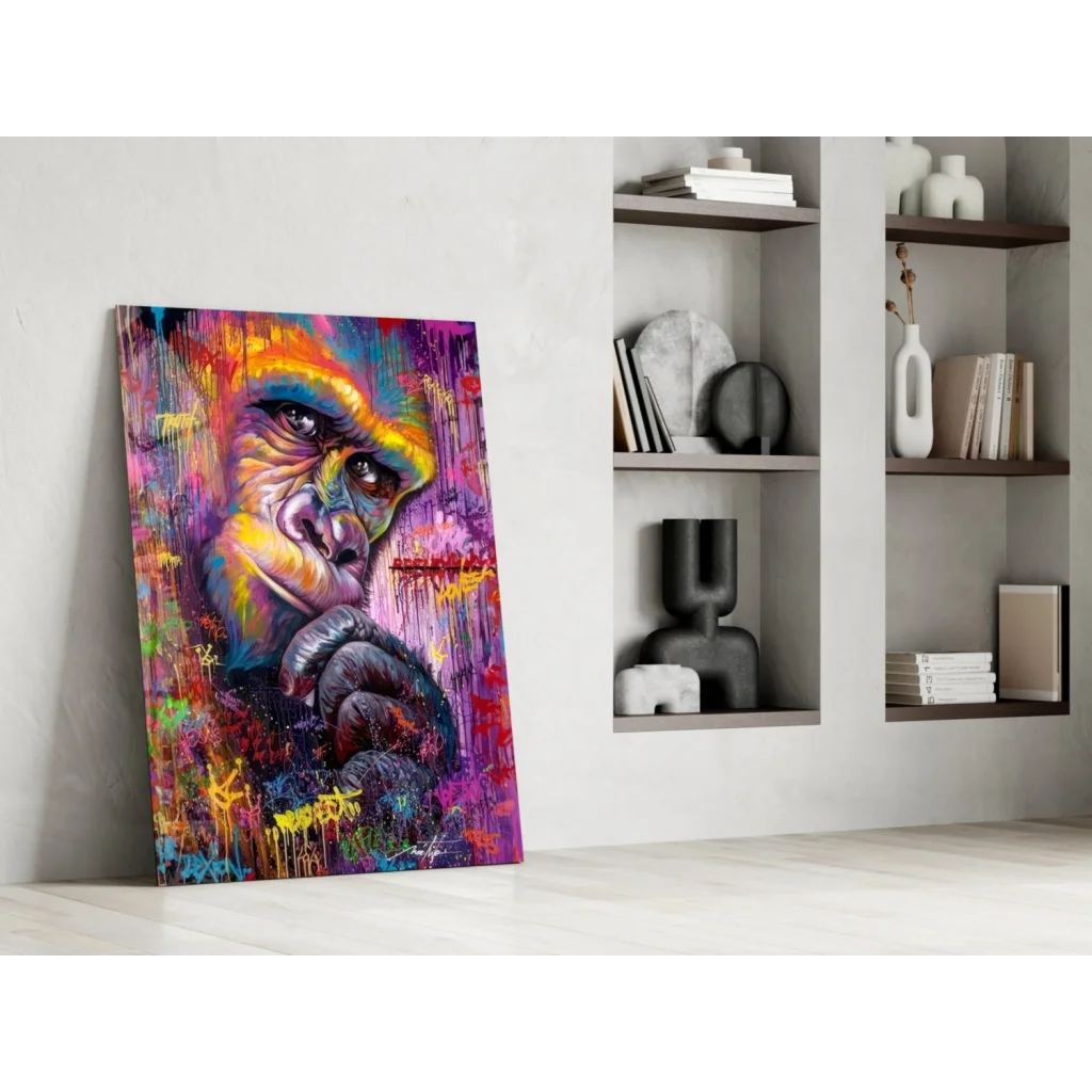 Vibrant abstract Gorilla Graffiti Splash canvas wall art with bold purple, orange, yellow paint