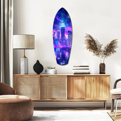 Stunning tempered glass art of vibrant purple and blue cityscape on surfboard shape