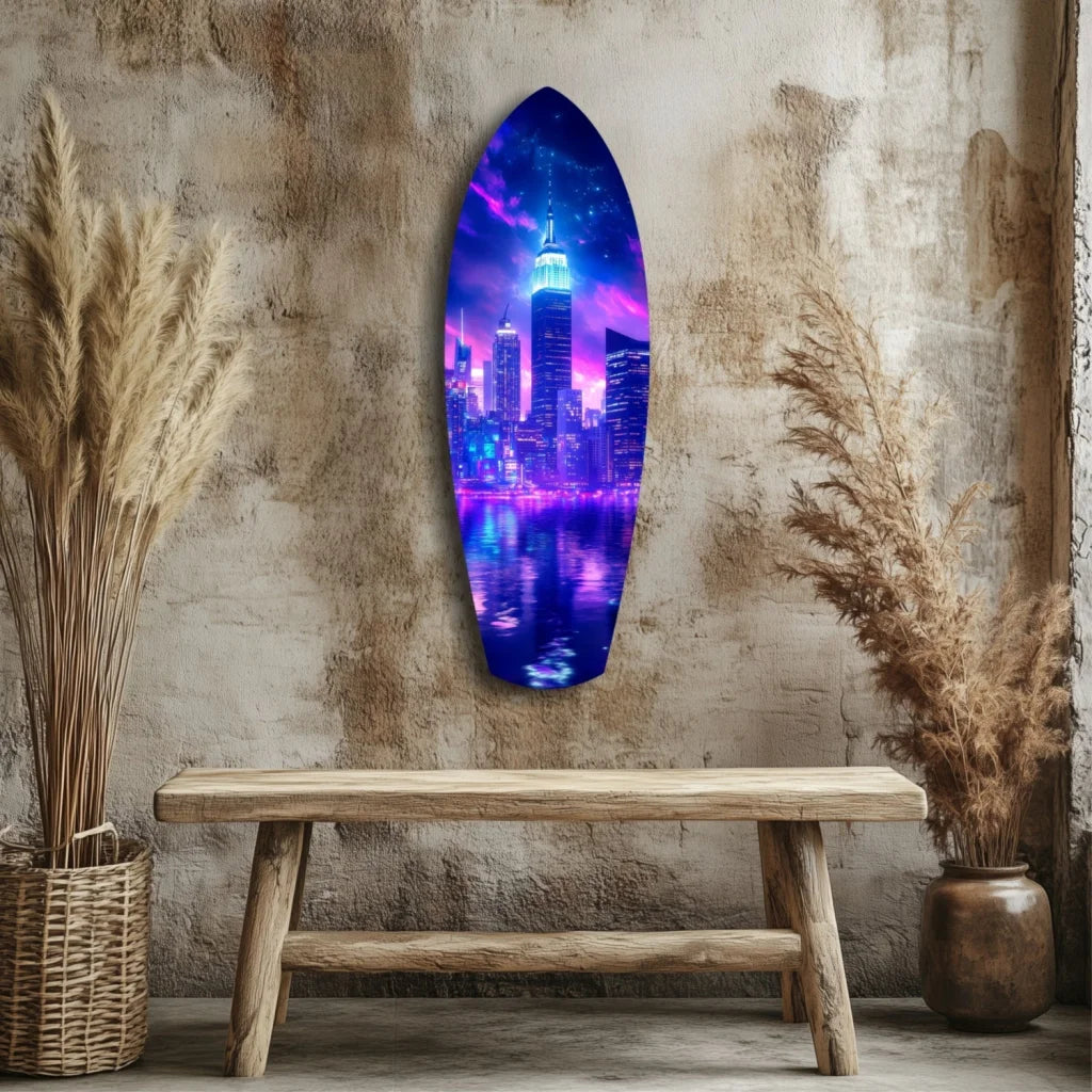 Vibrant neon Empire State Building tempered glass art on surfboard wall