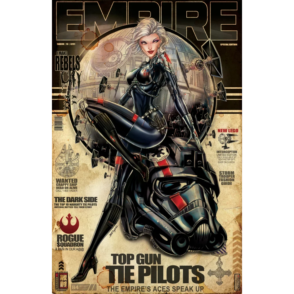 Empire Magazine female pilot on X-Wing helmet, brushed aluminum print