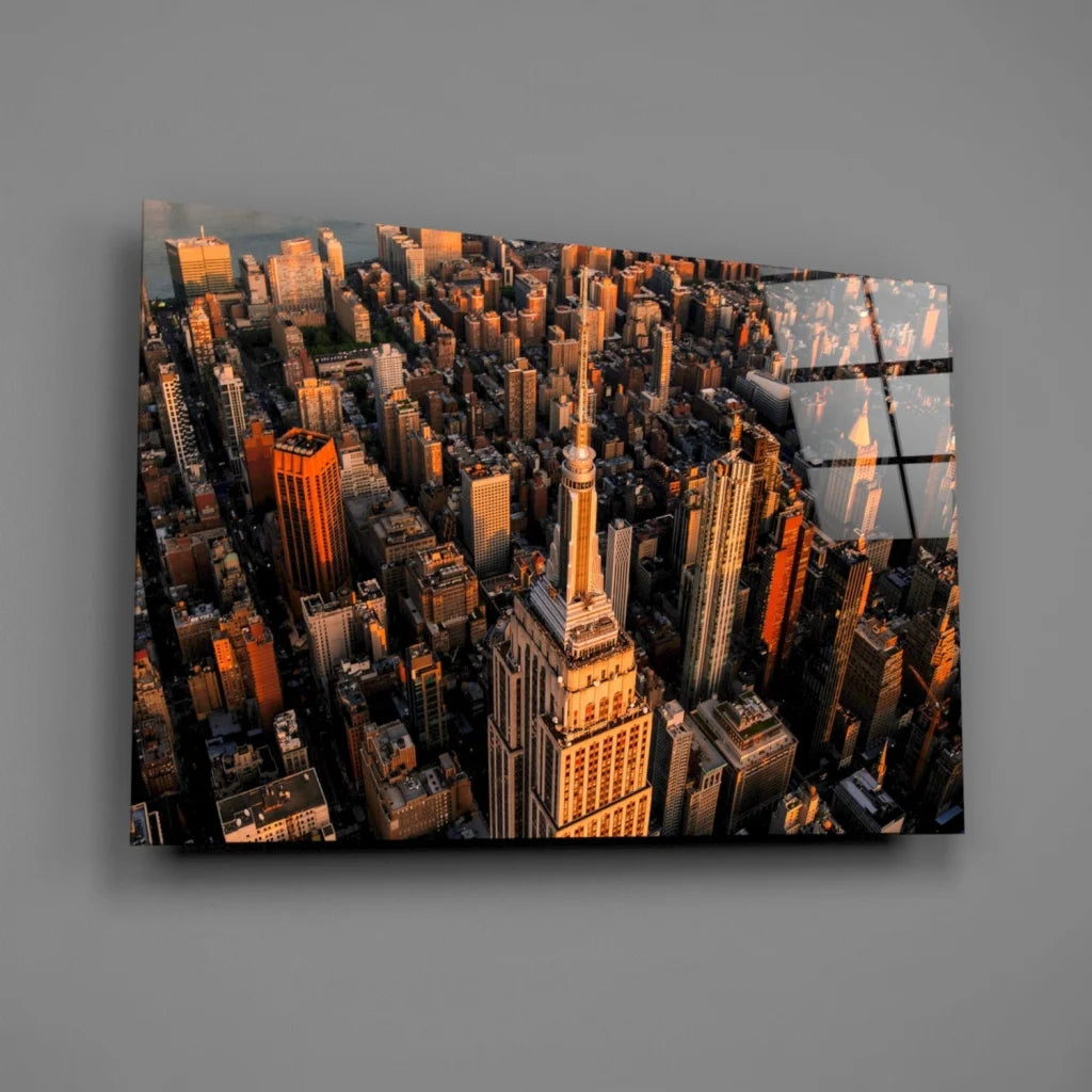 Golden hour aerial NYC view with Empire State Building on glass wall art