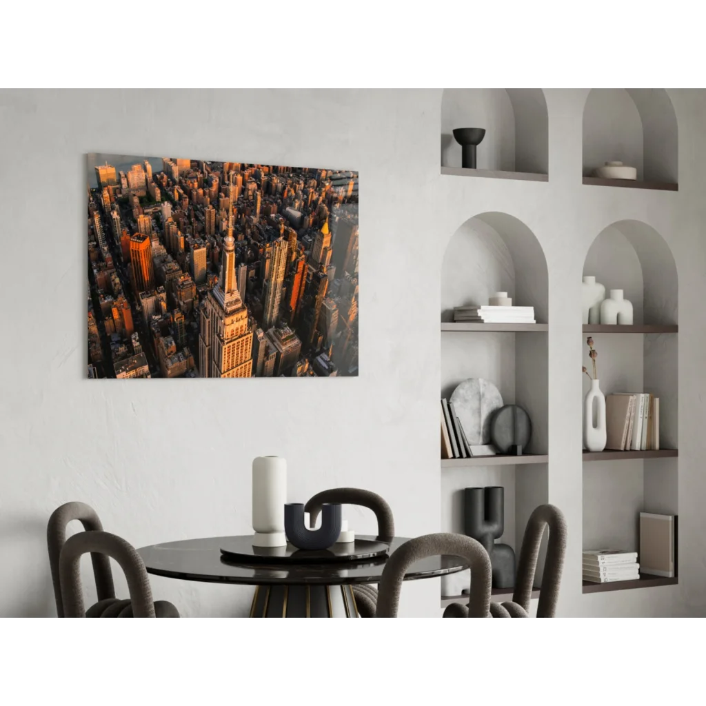 Vibrant aerial NYC skyline at golden hour on Empire State Building glass wall art