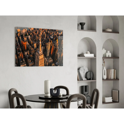 Vibrant aerial NYC skyline at golden hour on Empire State Building glass wall art