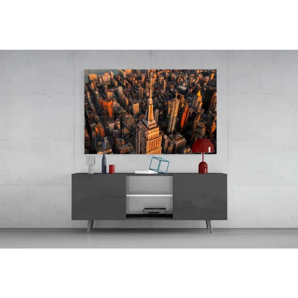 Vibrant Empire State Building golden hour glass wall art print