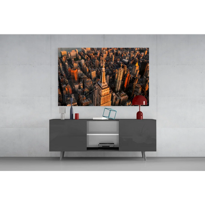 Vibrant Empire State Building golden hour glass wall art print
