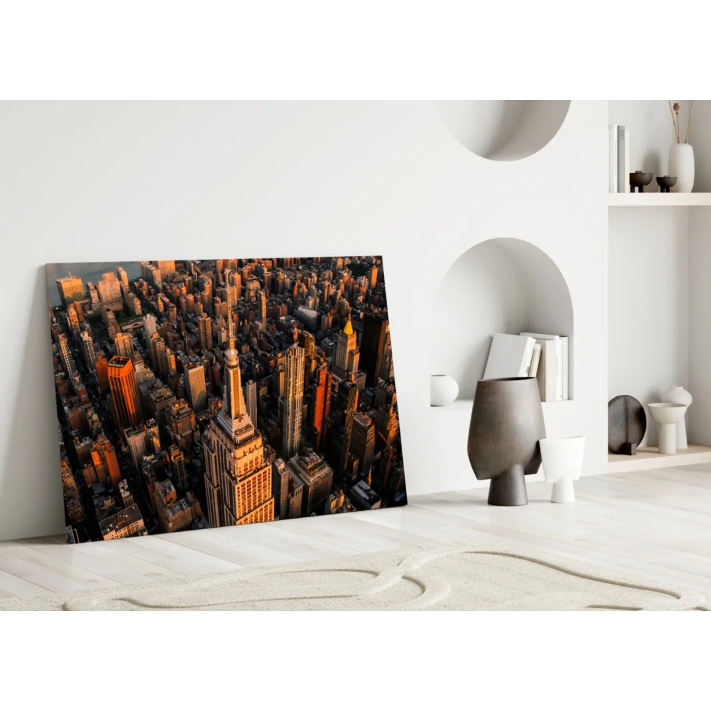 Vibrant Empire State Building golden hour glass wall art print