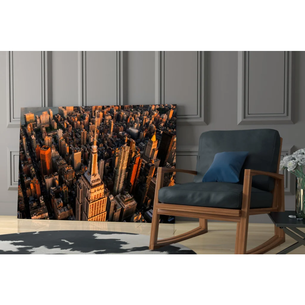 Golden hour aerial NYC skyline glass wall art with Empire State Building