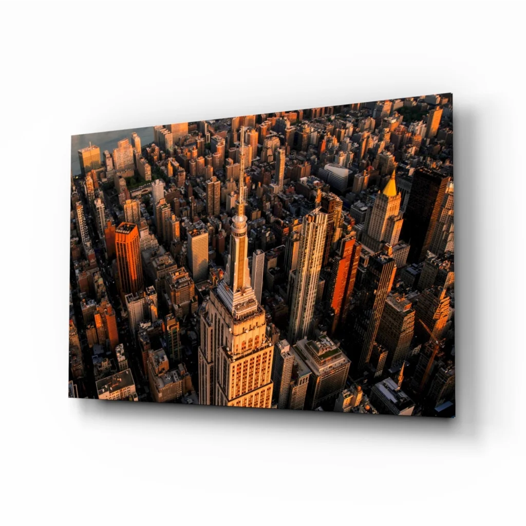 Golden hour aerial NYC view with Empire State Building glass wall art
