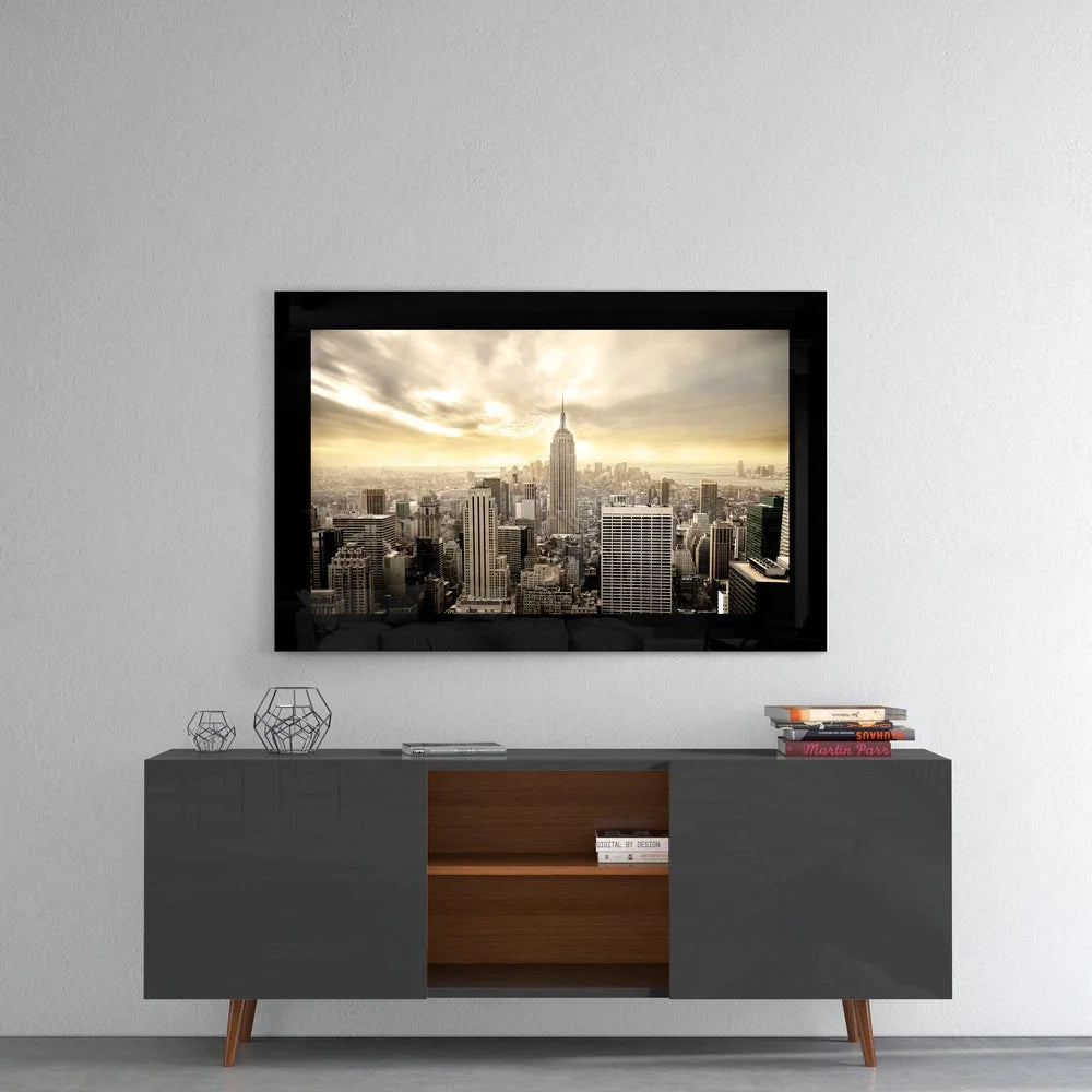 Sepia Empire State Building glass wall art print under golden sky